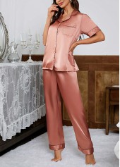 Dusty Pink loungewear,Plain Color loungewear,Dusty Pink Turn Down Collar Lounge Top and Pants