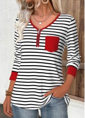 Red tops,Striped tops,Geometric tops,ROTITA Zipper Striped Red V Neck Long Sleeve T Shirt