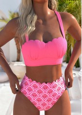 Hot Pink swimwear,Floral swimwear,Plants swimwear,ROTITA Scalloped Hem Hot Pink Floral Print Bikini Set
