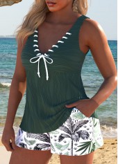 Green swimwear,Plants swimwear,ROTITA Lace Up Green Leaf Print Tankini Set