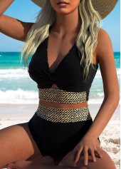 Black swimwear,Plain Color swimwear,ROTITA Jacquard Black High Waisted Bikini Set