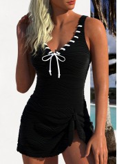 Black swimwear,Plain Color swimwear,ROTITA Jacquard Black Tie One Piece Swimdress