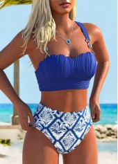 ROTITA Dark Blue Tropical Plants Print Bikini Set