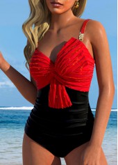 Red swimwear,Plain Color swimwear,ROTITA Jacquard Red Patchwork One Piece Swimwear