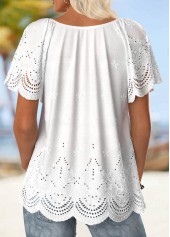 White tops,Plain Color tops,ROTITA Embroidery White Turn Down Collar Short Sleeve Blouse