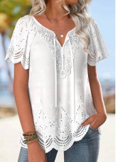 White tops,Plain Color tops,ROTITA Embroidery White Turn Down Collar Short Sleeve Blouse