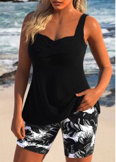 Black swimwear,Tribal swimwear,ROTITA Surplice Black Feathers Print Tankini Set