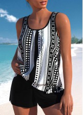 Black plus size,White plus size,Geometric plus size,Striped plus size,Dot plus size,ROTITA Plus Size Bowknot Geometric Print Black Tankini Set