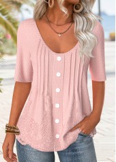 T-shirt à manches courtes et col rond rose clair à boutons Rotita
