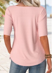 Light Pink tops,Plain Color tops,ROTITA Button Light Pink Scoop Neck Half Sleeve T Shirt