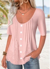 Light Pink tops,Plain Color tops,ROTITA Button Light Pink Scoop Neck Half Sleeve T Shirt