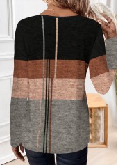 Black tops,Geometric tops,ROTITA Patchwork Geometric Print Black Round Neck T Shirt