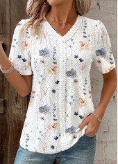 White tops,Floral tops,Plants tops,ROTITA Embroidery Floral Print White V Neck Short Sleeve Blouse