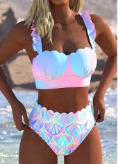 Multi Color swimwear,Geometric swimwear,ROTITA High Waisted Scalloped Hem Bikini Set
