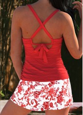 Red swimwear,Tribal swimwear,Floral swimwear,Plants swimwear,ROTITA Contrast Binding Red Tribal Print High Waisted Tankini Set