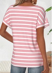 Light Blue tops,Striped tops,Geometric tops,ROTITA Striped Light Pink Boat Neck Short Sleeve T Shirt