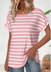 Light Blue tops,Striped tops,Geometric tops,ROTITA Striped Light Pink Boat Neck Short Sleeve T Shirt
