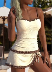 Beige swimwear,Dark Coffee swimwear,Plain Color swimwear,ROTITA Contrast Binding Beige Ruched Tankini Set