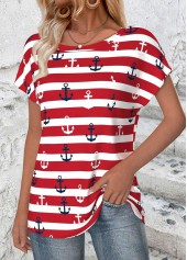 Red tops,Striped tops,Geometric tops,ROTITA Striped Red Round Neck Short Sleeve T Shirt