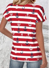 Red tops,Striped tops,Geometric tops,ROTITA Striped Red Round Neck Short Sleeve T Shirt