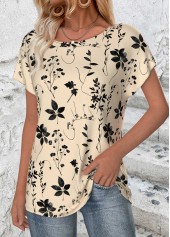 Beige tops,Plants tops,ROTITA Plants Print Beige Round Neck Short Sleeve T Shirt
