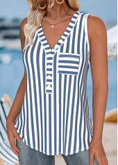 Dusty Blue tops,Striped tops,Geometric tops,ROTITA Button Striped Dusty Blue V Neck Sleeveless Tank Top