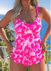 Hot Pink swimwear,Floral swimwear,Plants swimwear,ROTITA Patchwork Hot Pink Floral Print Tankini Set