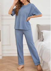 Blue loungewear,Plain Color loungewear,Blue Round Neck Short Sleeve Lounge Top and Pants