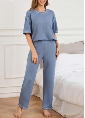 Blue loungewear,Plain Color loungewear,Blue Round Neck Short Sleeve Lounge Top and Pants