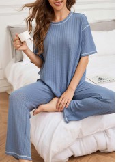 Blue loungewear,Plain Color loungewear,Blue Round Neck Short Sleeve Lounge Top and Pants