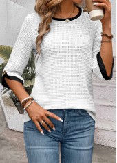 White tops,Plain Color tops,ROTITA Jacquard White Round Neck Half Sleeve T Shirt