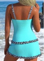 Cyan swimwear,Striped swimwear,Geometric swimwear,ROTITA Contrast Binding Cyan Striped Mid Waisted Tankini Set