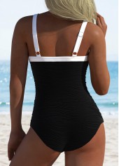 Black swimwear,Plain Color swimwear,ROTITA Contrast Binding Black Patchwork One Piece Swimdress