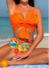 Twist Orange Leaf Print High Waisted Bikini Set