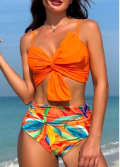 Orange swimwear,Plants swimwear,Twist Orange Leaf Print High Waisted Bikini Set