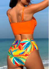 Orange swimwear,Plants swimwear,Twist Orange Leaf Print High Waisted Bikini Set