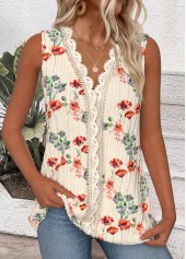 Beige tops,Floral tops,Plants tops,ROTITA Embroidery Floral Print Beige V Neck Sleeveless Tank Top