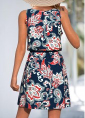 Navy dresses,Paisley dresses,Vacation dresses,Vacation dresses,ROTITA Lace Up Paisley Print Navy Short Scoop Neck Dress