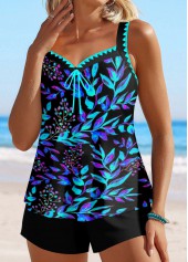 Cyan swimwear,Floral swimwear,Plants swimwear,ROTITA Contrast Binding Cyan Floral Print Tankini Top