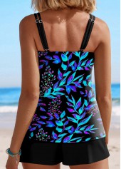 Cyan swimwear,Floral swimwear,Plants swimwear,ROTITA Contrast Binding Cyan Floral Print Tankini Top