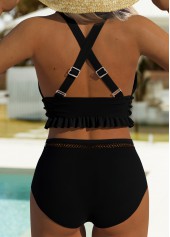 Black swimwear,Plain Color swimwear,ROTITA Frill V Neck Black Bikini Set