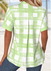 Light Green tops,Plaid tops,Geometric tops,ROTITA Button Plaid Light Green Short Sleeve Shirt