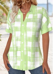 Light Green tops,Plaid tops,Geometric tops,ROTITA Button Plaid Light Green Short Sleeve Shirt