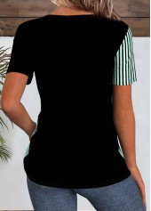 Black tops,Geometric tops,ROTITA Patchwork Geometric Print Black Round Neck T Shirt