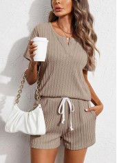 Gray Brown loungewear,Plain Color loungewear,Gray Brown Split Neck Tie Lounge Top and Shorts