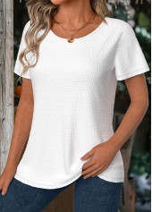 White tops,Plain Color tops,ROTITA White Round Neck Short Sleeve T Shirt