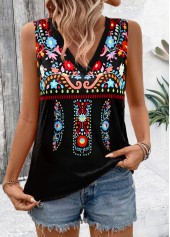 Schwarzes ärmelloses Tanktop mit V-Ausschnitt und Rotita-Tribal-Print