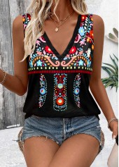 Black tops,Tribal tops,ROTITA Tribal Print Black V Neck Sleeveless Tank Top