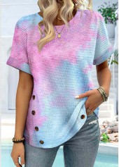 ROTITA Button Ombre Blue Round Neck Short Sleeve T Shirt