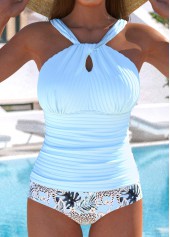 ROTITA Cut Out Light Blue Tropical Plants Print Tankini Set